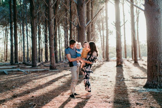 20180518-20180518-DSC_4365 Family of four standing in the forest during family photography Perth session at The Pines Wanneroo