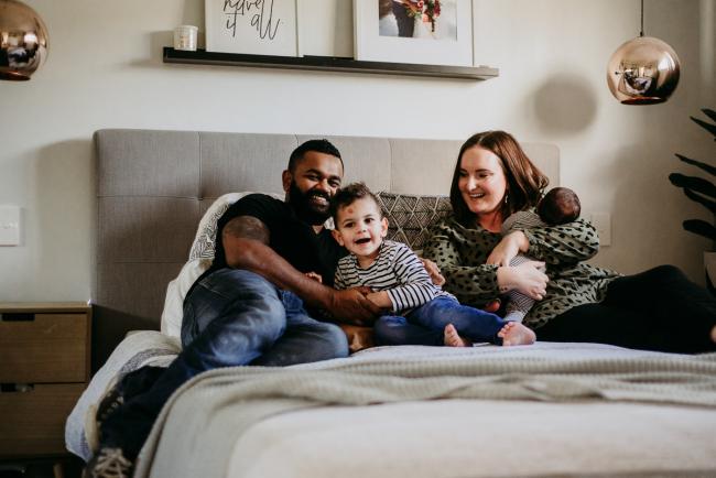20180706-20180706-DSC_6495 Family of four on the bed during lifestyle newborn photography Perth session