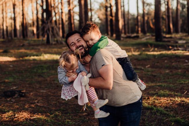 20180901-20180901-DSC_1363 Father holding daughter with son on his back during family photography Perth session at The Pines Wanneroo