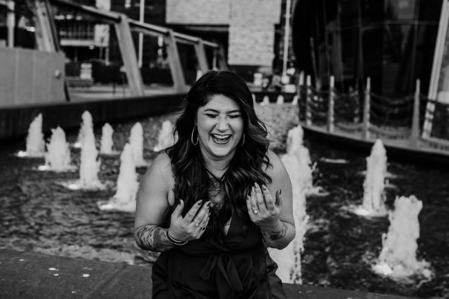 20181202-DSC_2987 Black and white image of woman laughing during Perth events photography session at The Bell Tower Perth