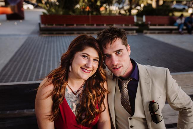 20181202-DSC_3042 Couple looking at the camera during Perth events photography session at The Bell Tower Perth