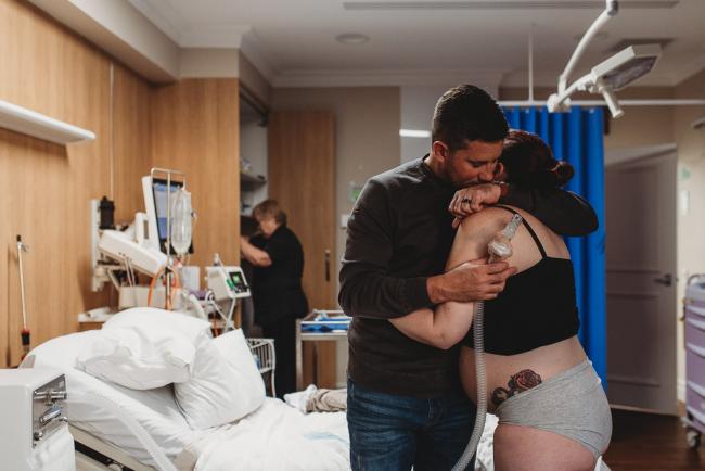 Birth-Photographer-Perth-38-of-60 Man and pregnant mother hugging with Perth Birth Photographer at SJOG Mt Lawley