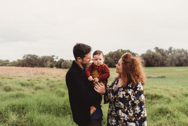 Family of 3 with Perth family photographer at Perry's Paddock