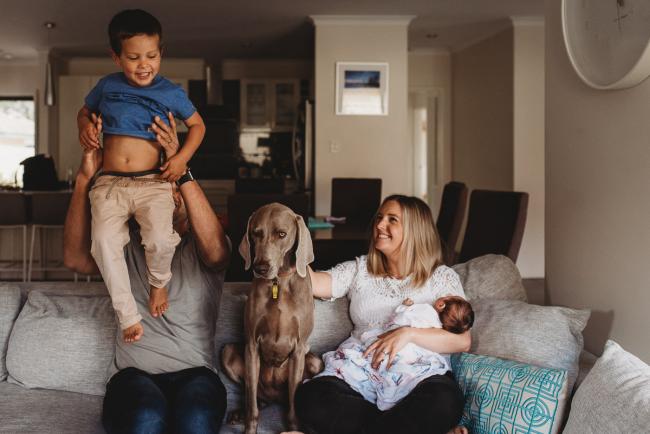 Perth-Newborn-Photographer-58-of-60 Father lifting son in the air as mother, newborn and dog are on the couch with Perth newborn lifestyle photographer