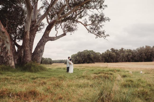 Pregnant couple under a tree with Perth maternity photographer at Perry's Paddock