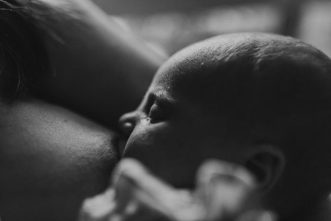 black and white image of baby breastfeeding with Perth newborn lifestyle photographer Alana Prosper Photography