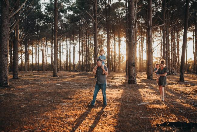 Family of four walking through the forest during Perth family photography session at The Pines Perth with Alana Prosper Photography