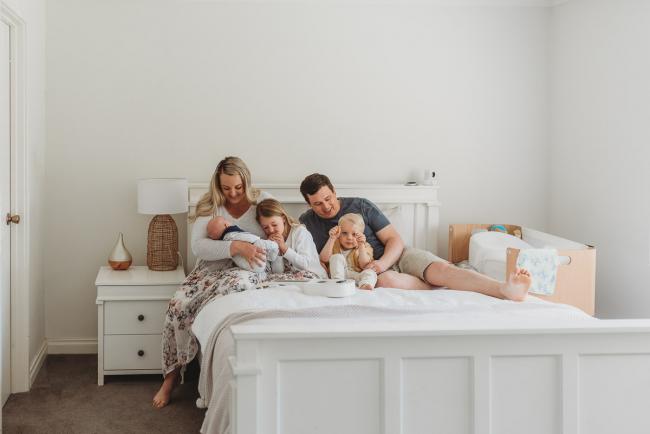 Perth-Newborn-Photographer-Alana-Prosper-Photography-2-of-31 Family of five on bed with Perth lifestyle newborn photographer Alana Prosper Photography