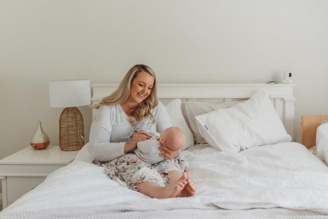 Perth-Newborn-Photographer-Alana-Prosper-Photography-22-of-31 mother on bed with baby with Perth lifestyle newborn photographer Alana Prosper Photography